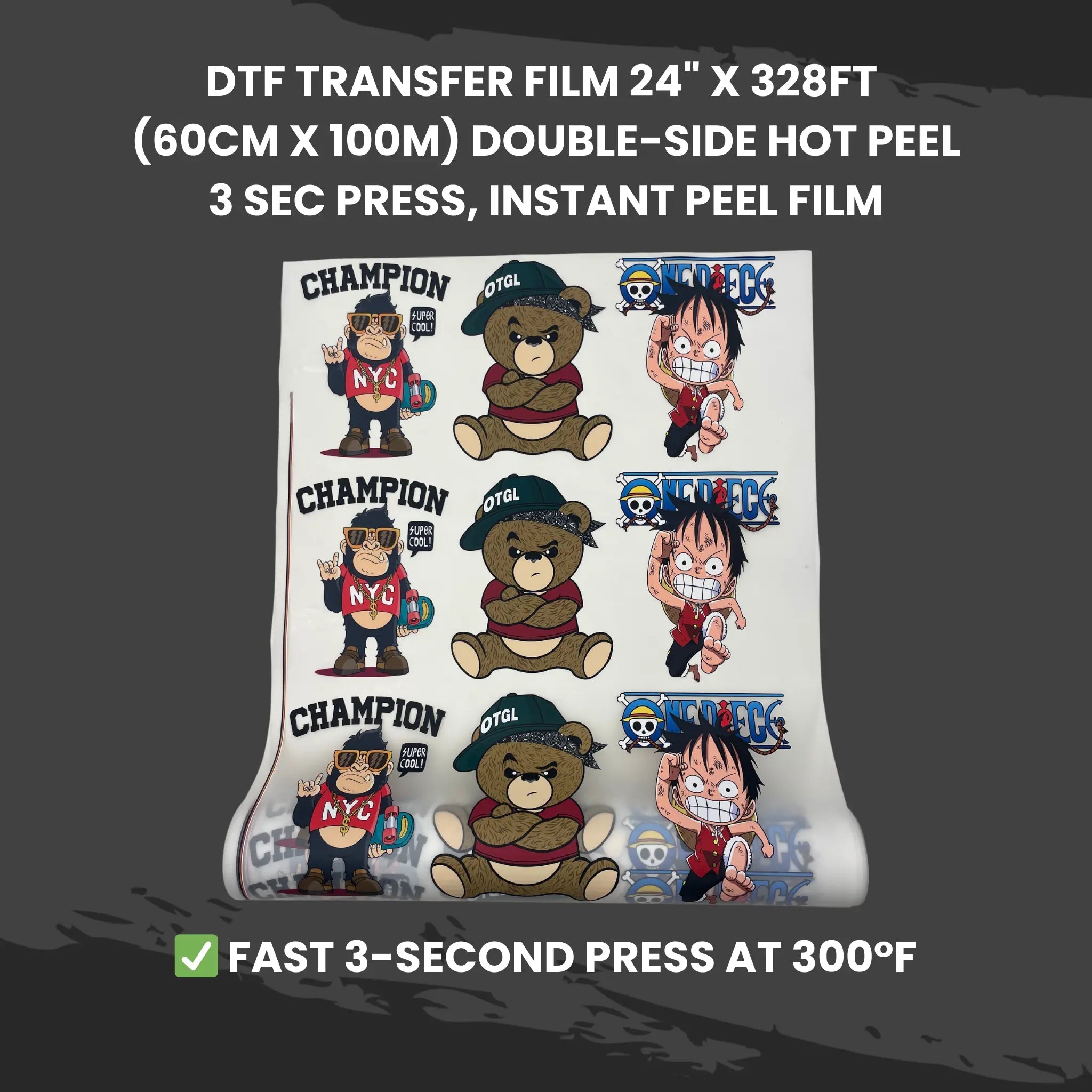 DTF Transfer Film 24" x 328FT (60cm x 100m) Double-Side Hot Peel – 3 Sec Press, Instant Peel Film